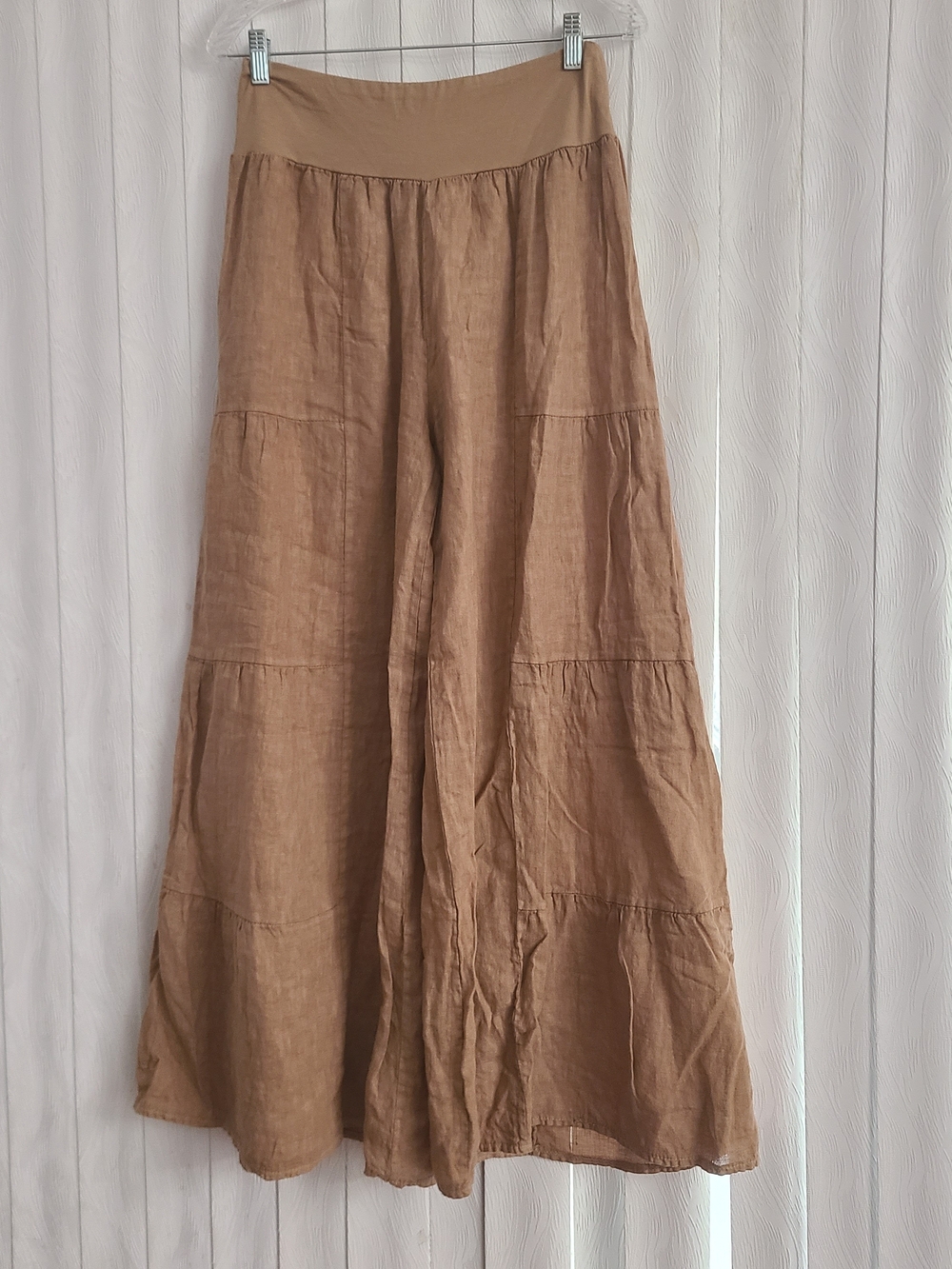 Milio Milano L Tan Linen Wide Leg Boho Beachy Flowy Relaxed Tiered Culotte Pant